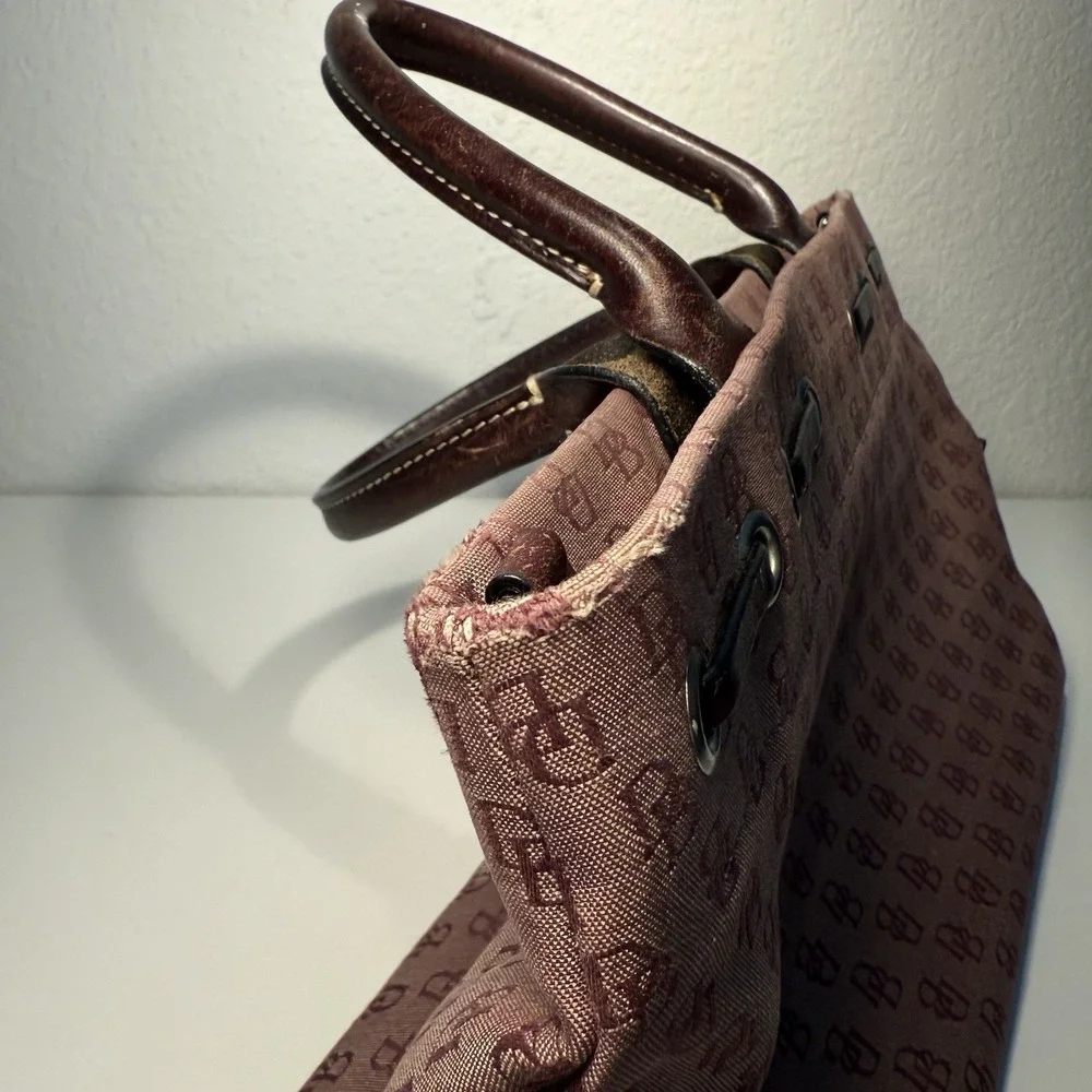 Dooney & Bourke Signature Canvas Satchel Logo Bag Double Leather Handles Tassels